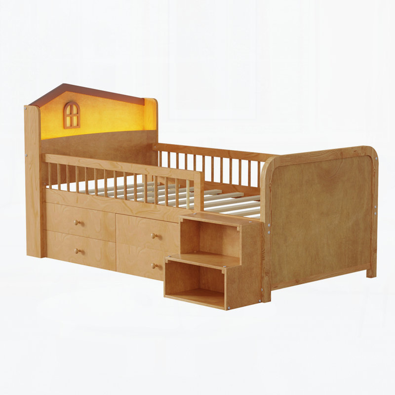 Lit en bois avec tête de lit en forme de maison, lit avec tiroirs de rangement, Naturel
