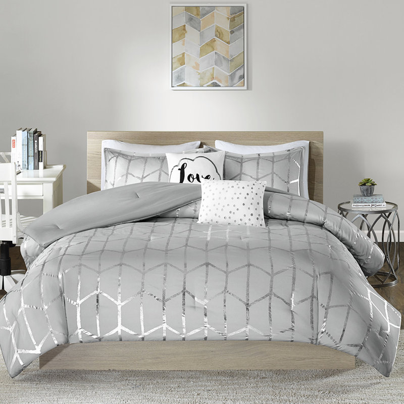 Très grand / très grand lit avec imprimé géométrique argenté sur fond gris, tissu confortable, 2 taies décoratives, coussins décoratifs, sécher par culbutage avec une microfibre douce, duvet et détente