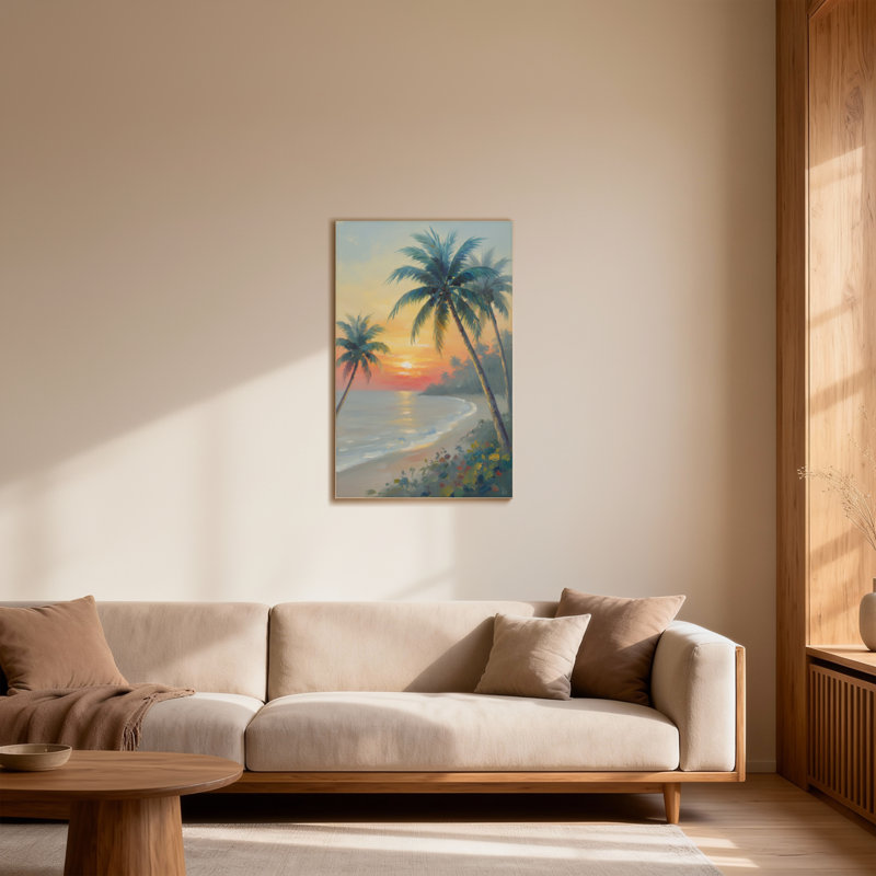 Plantes et fleurs, coucher de soleil tropical, plage, palmiers, vagues de l'océan, H 24 po x l 36 po