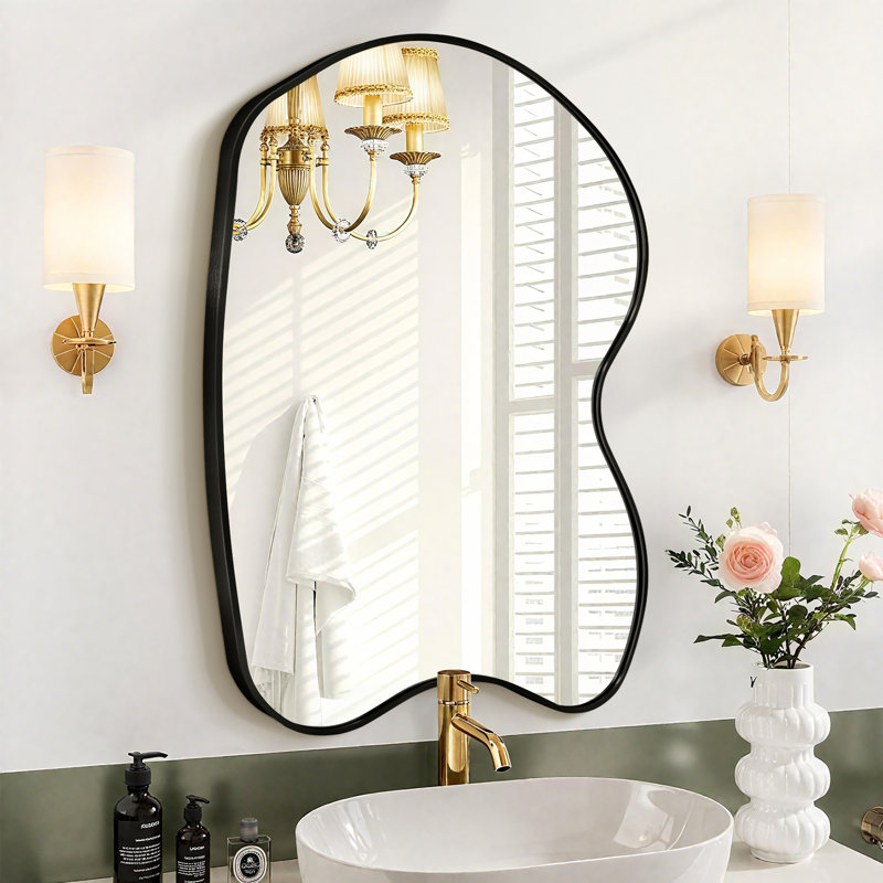 Irregular Metal Wall Mirror Asymmetrical Accent Mirror for Bathroom,Living room, 32" x 20", Black