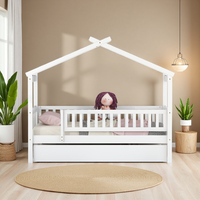 Lit en bois avec lit gigogne simple, Lit simple, Blanc