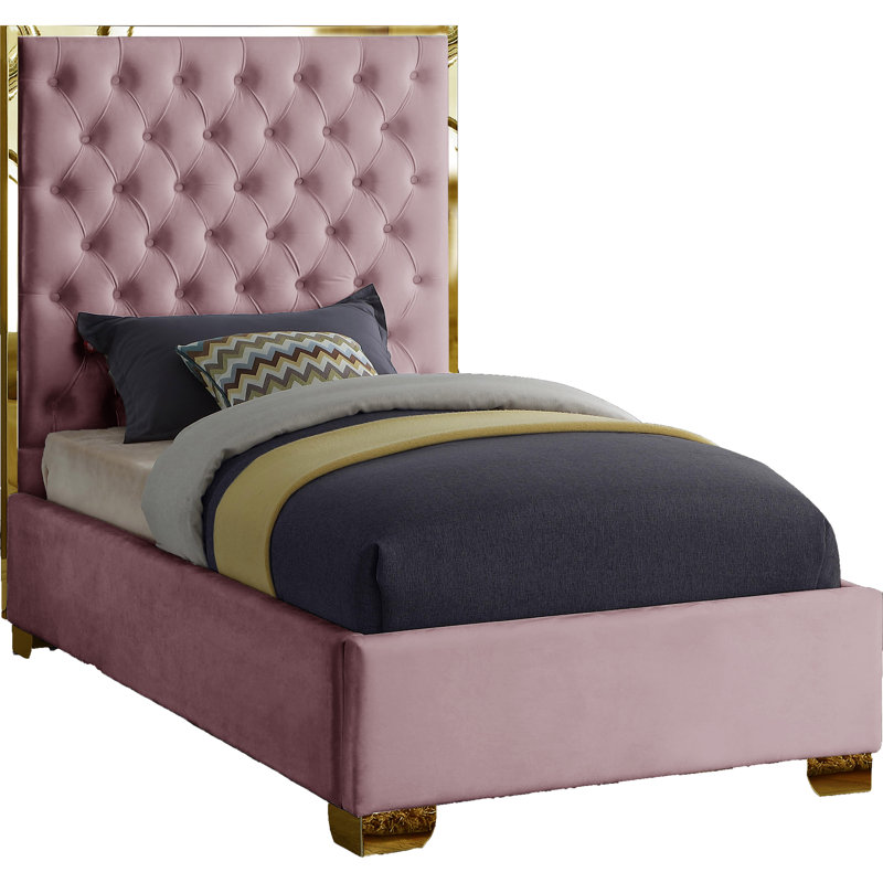 Spadaro Upholstered Platform Bed, Pink Velvet, Gold, Twin