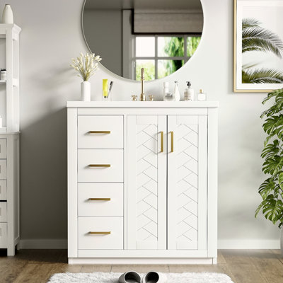 Ensemble de meuble-lavabo 30 po avec lavabo en céramique, armoire de rangement en bois massif, ensemble de meuble-lavabo autoportant avec 3 tiroirs et portes à fermeture douce