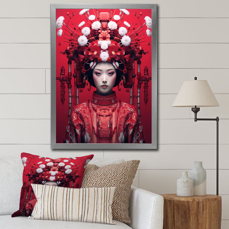 Geisha japonaise futuriste, Cadre photo argenté, H 32 po x l 16 po x P 1 po