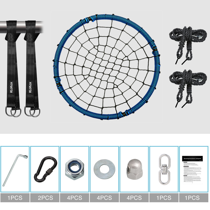 45inch Web/Saucer Swing with 2pcs Tree Hanging Straps, Steel Frame and Adjustable Ropes, Blue