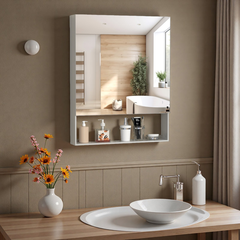 Armoire à pharmacie 24 po x 30 po avec miroir pour salle de bain, miroir de salle de bain mural avec rangement, tablettes réglables, cadre en aluminium, fixation en surface argent
