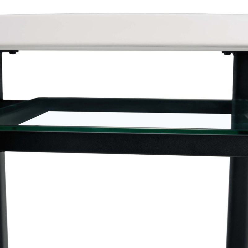 Table de salle à manger ronde 42 pouces blanche minimaliste moderne pouvant accueillir 4 à 6 personnes (incrustation de verre + support stable en métal, convient à plusieurs cas de figure).