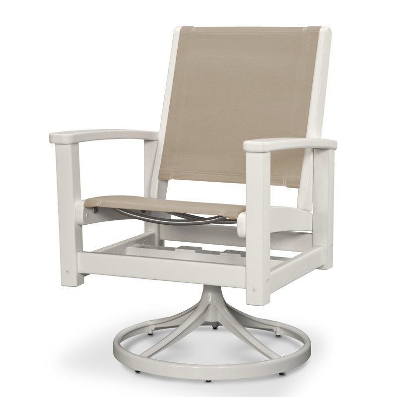 Chaise berçante pivotante POLYWOOD Coastal, Tissu natté bleu bord de piscine, Blanc satiné / blanc