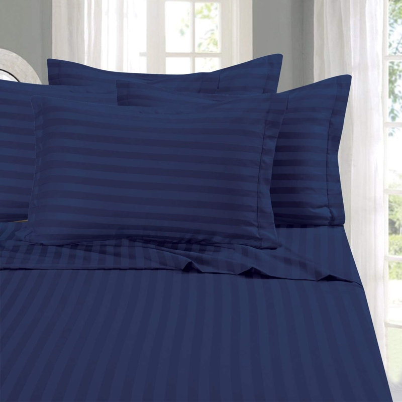  Ensemble de draps rayés en microfibre percale, Bleu marine, Ensemble de draps pour très grand lit avec 2 taie