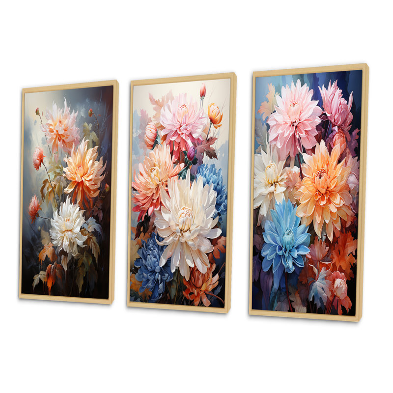 «Peach White Mums Romantic Impression», 3 pièces, H 20 po x l 36 po, Cadre naturel flottant