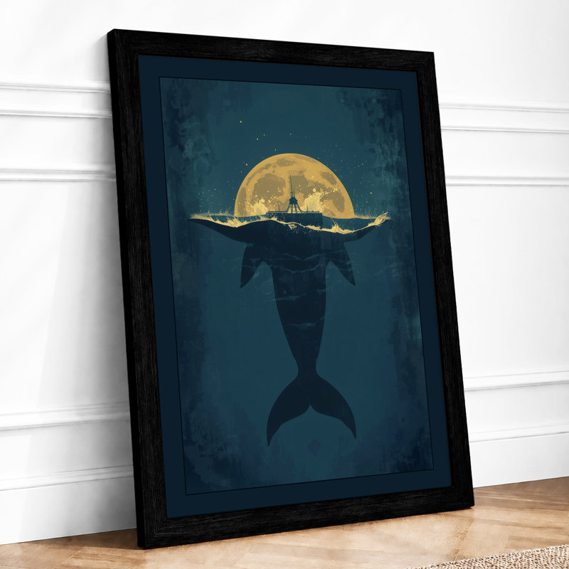 Mermaid Under Moonlight Coastal - Framed Print, A2 - 59.4 x 42.0 cm, Black