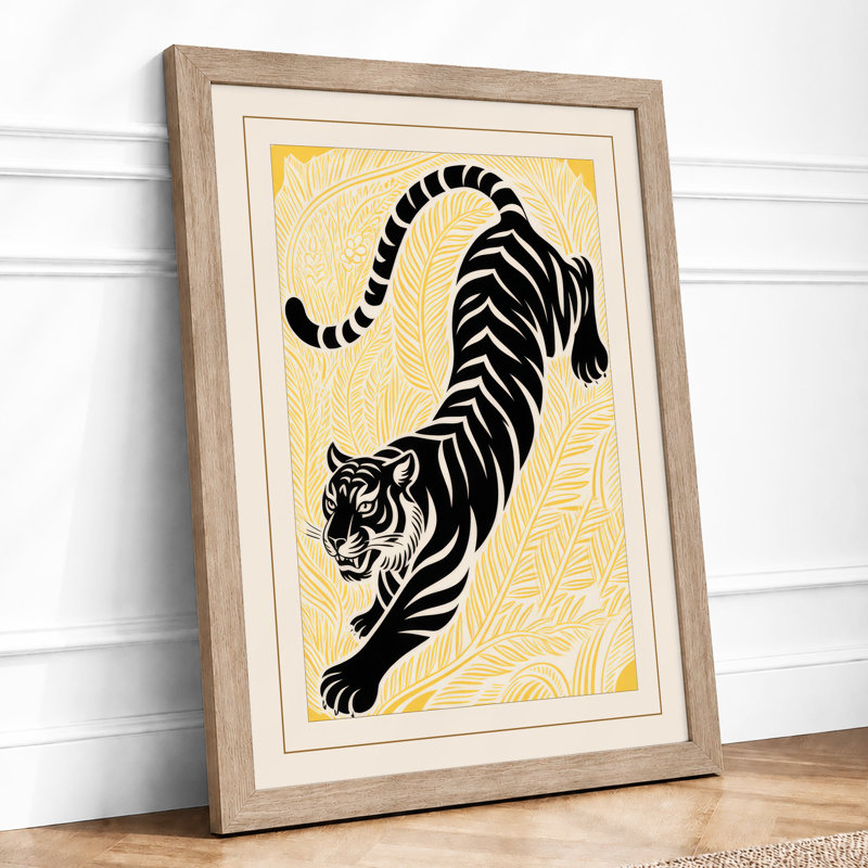 Stretching Tiger Japandi - Framed Print, Oak, A3 - 42.0 x 29.7 cm
