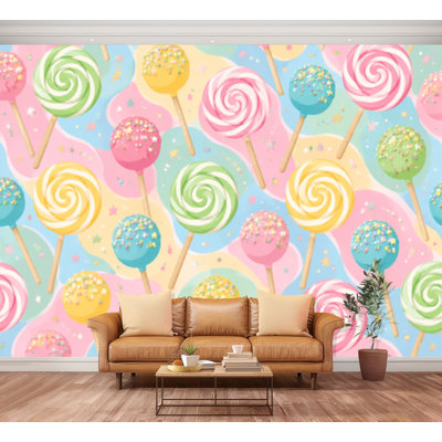 Wall Mural Peel and Stick Wallpaper Bright coloured lollipop Sweet dessert for kids Candy stick Pink blue Self-Adhesive Removable Contact Paper Wall Decor for Living Room Bedroom 100"H x 144"W