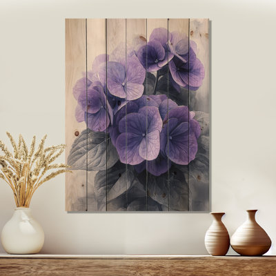 Purple Highlight Hydrangea I - Hydrangea Wood Wall Art - On Natural Pine Wood