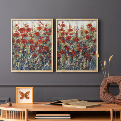 «Garden Poppies I», reproduction encadrée de qualité supérieure - prête à être accrochée - aucun clou requis - aucun clou requis