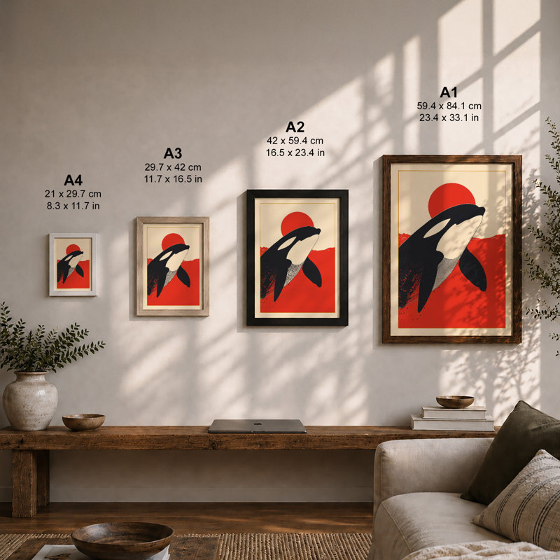 Whales Under Red Sun Mid-Century - Framed Print, A1 - 84.1 x 59.4 cm, White