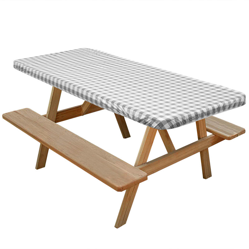 Gray and White Checkered 72'' x 30'' Fitted Vinyl Tablecloth with Flannel Backing