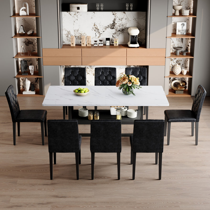 Ensemble de table de salle à manger moderne blanc et noir avec rangement, MDF et cuir PU, idéal pour le divertissement à la maison