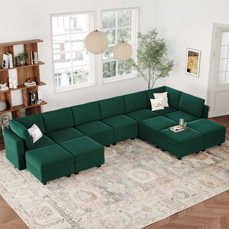 169.4” reversible modular sofa in real velvet Wylodene, Velours vert