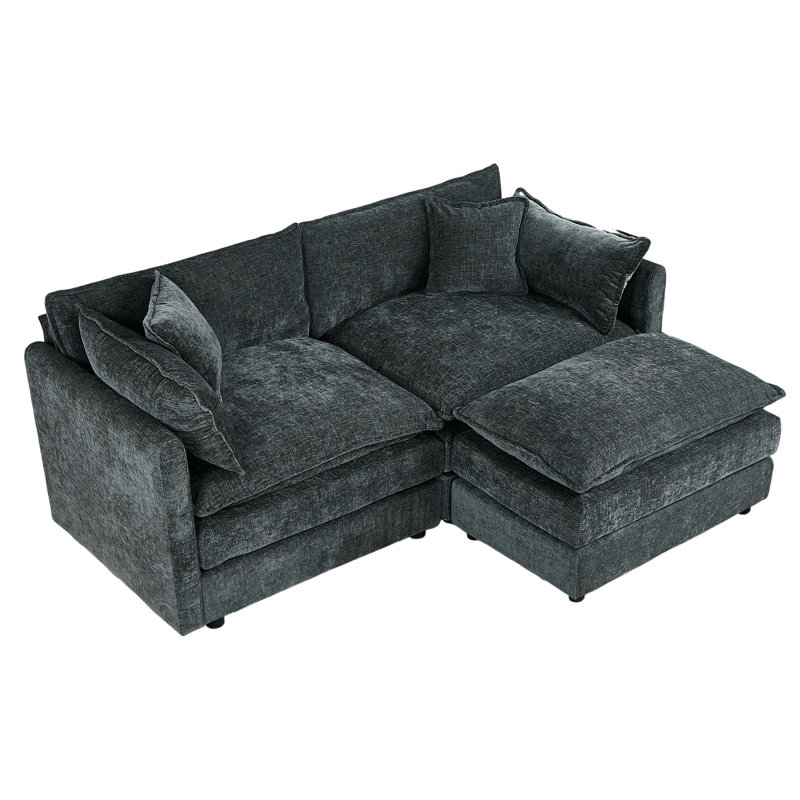 Modern Chenille Loveseat Sofa Couch With Ottoman, Gray Chenille, 33.85" H x 77.16" W x 35.82" D