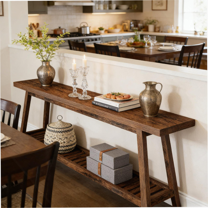 Console extra-longue à 2 niveaux, style maison de campagne rustique et peu encombrante pour les entrées et les salons, Brun