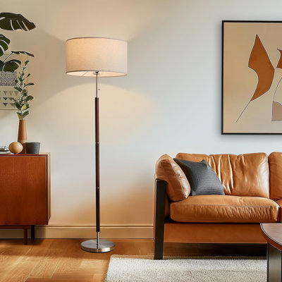 Mid-Century Modern Led Floor Lamp - Wooden Walnut Stem, Drum Linen Shade For Living Room, Bedroom