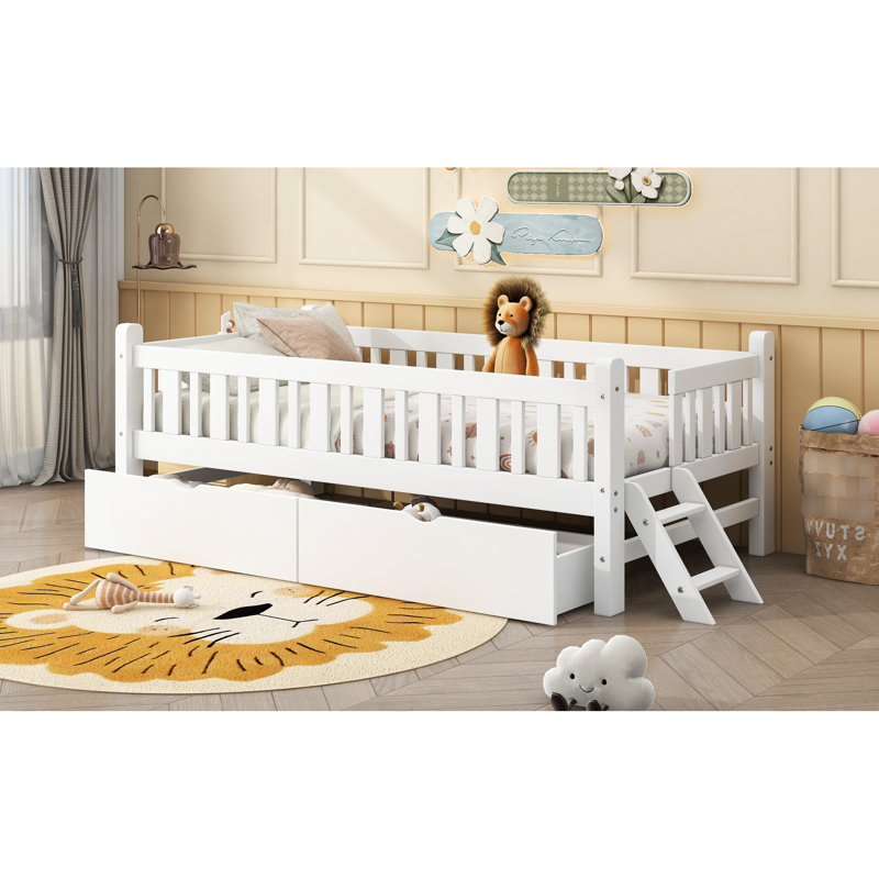 Lit simple, blanc, lit plateforme, garde-corps, 2 tiroirs de rangement, haute qualité, bois de pin +, sans sommier, idéal pour les petits espaces de vie, étapes d'assemblage faciles disponibles