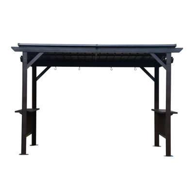 Pavillon de jardin à toit rigide de 6,5 po x 12 pi, pavillon de barbecue extérieur avec 2 tablettes latérales et toit en acier galvanisé incliné, pavillon de barbecue permanent en métal avec crochets de plafond pour patio, pelouse, cour arrière, te