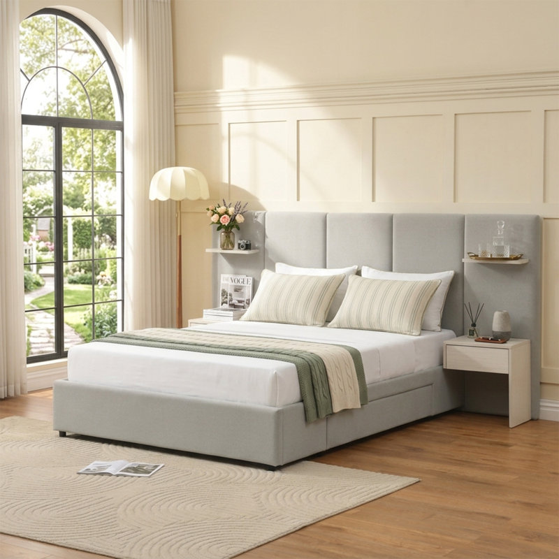 Grand lit plateforme tapissier avec tables de chevet, tiroirs et tablettes flottantes, grand, velours gris, Gris, Grand lit