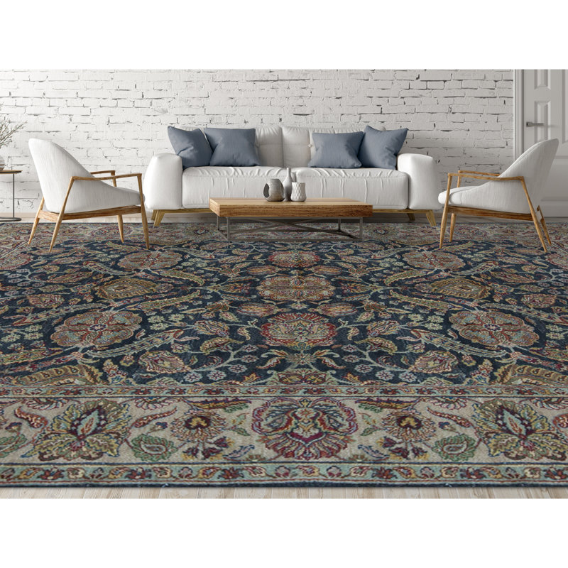 Mahajaran Wool Oriental Area Rug in Navy/Camel