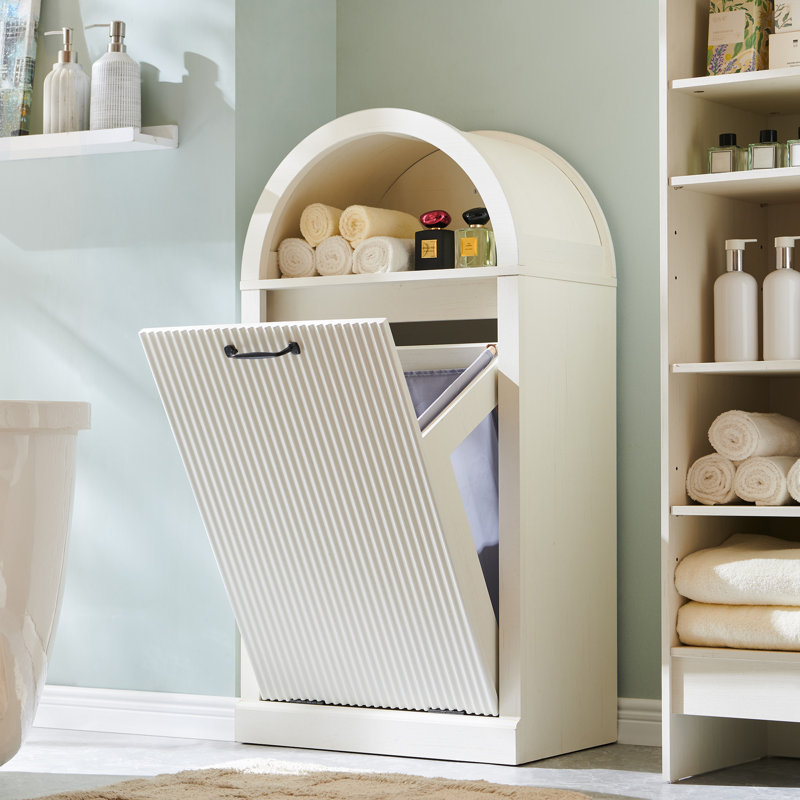 Armoire à panier à linge arquée moderne avec tablette ouverte, panier à linge de salle de bain cannelé de 10 gallons (comprend un panier à linge 1 pièce)