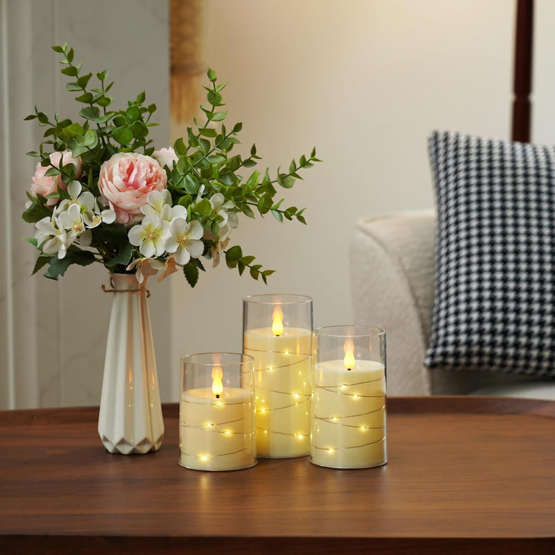 Led Flameless Candles, Battery Operated Candles With Embedded Fairy Lights, Acrylic Pillar Candles With Remote And Timer For Wedding Home Decor, Ivory White, 3 Set, D3 X H4 5" 6"