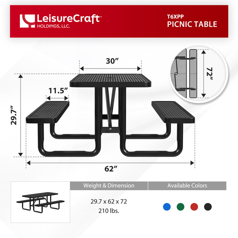 Leisure Craft Standard Outdoor Picnic Table, Black, 72" W