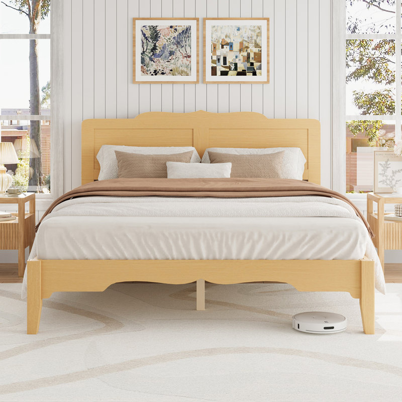 Minimalist Platform Wooden Bed Tall-Leg Bed Frame with Built-in Outlet, Dark Wood, Queen