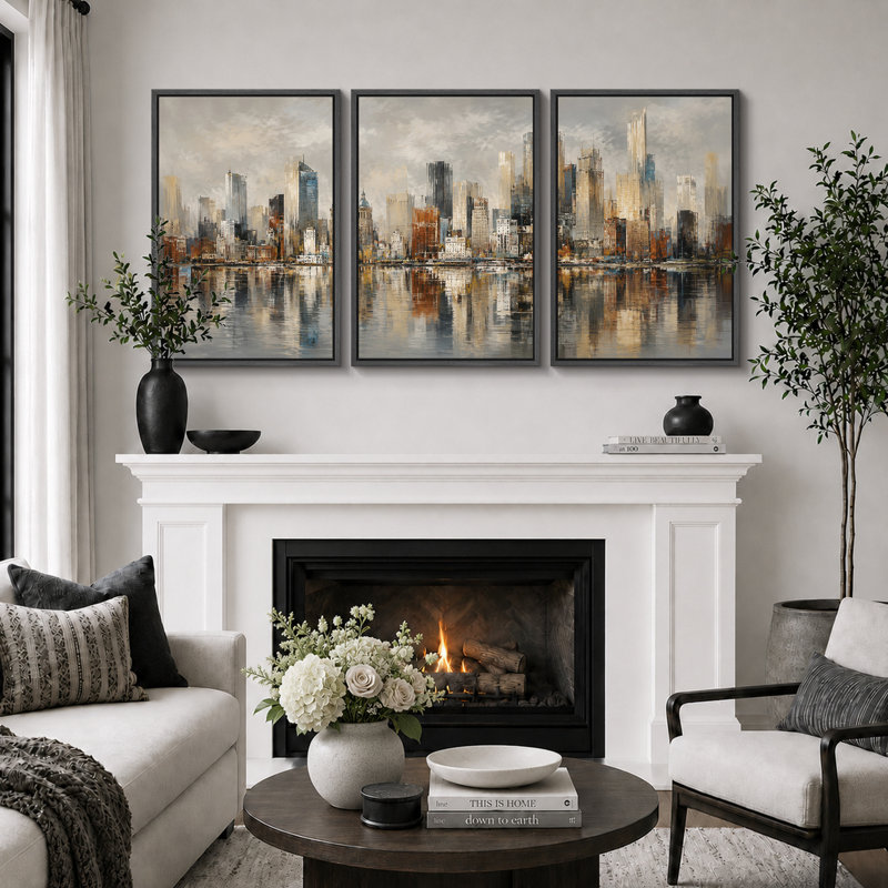 «Warm Neutral City Skyline Waterfront», images de salon, impression sur toile encadrée, 3 pièces, Cadre noir