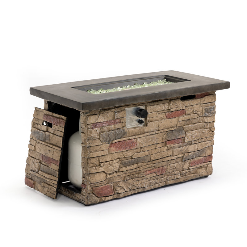 Premium Rectangular Outdoor Fire Pit Table – 24'' H x 42'' W, 60,000 BTU, Faux Stone & Concrete Top, Hideaway Tank
