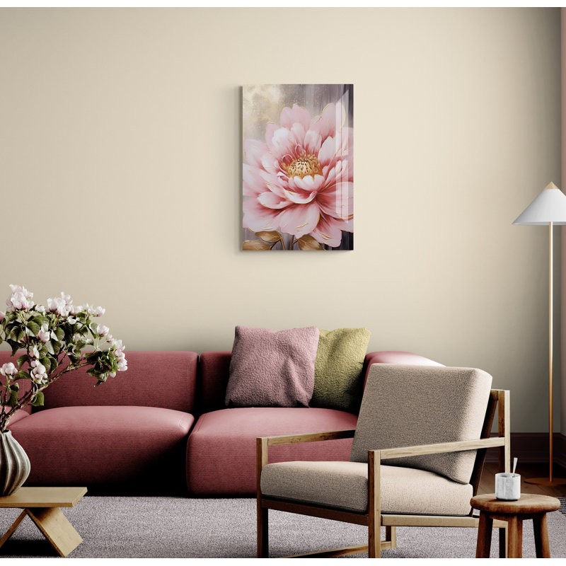 Tempered Glass Natural Style Wall Art Decor Pink Flower with Gold Accents Print on Glass Wall Decor, 23.5"H x 15.5"W