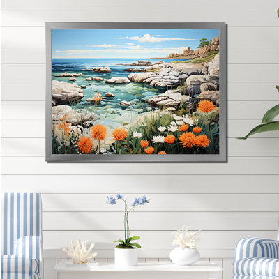 Fleurs par la plage rocheuse - plage et océan, reproduction sur toile