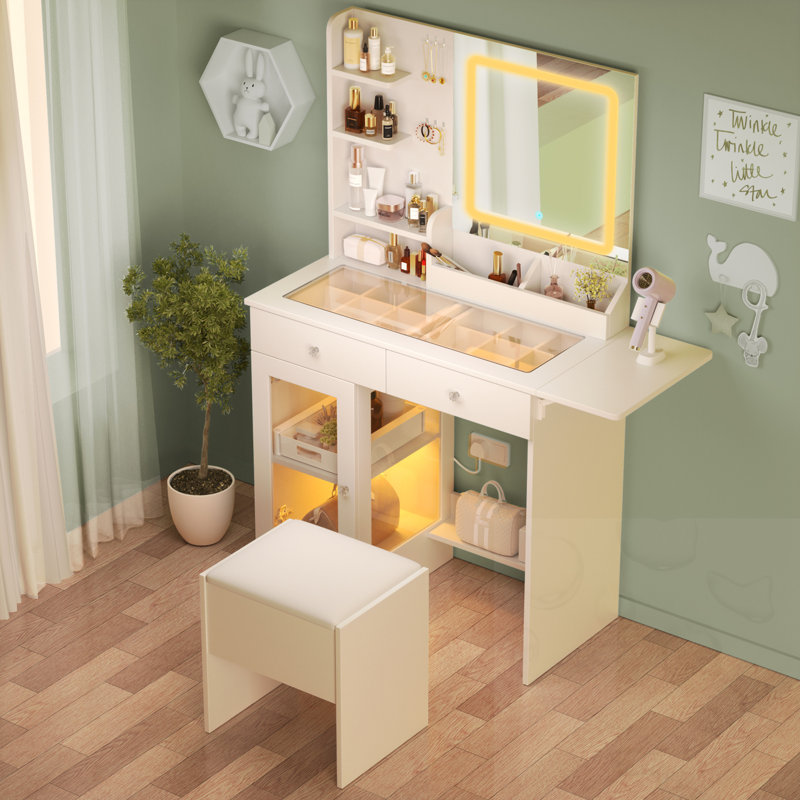 LED Storaged Vanity Desk With Chair And USB Power Strip