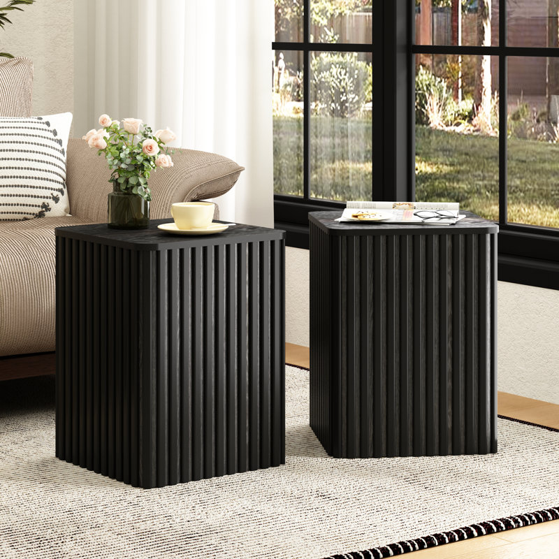  Ensemble de 2 tables de bout cannelées 20,5 po avec rangement à assemblage rapide, Noir