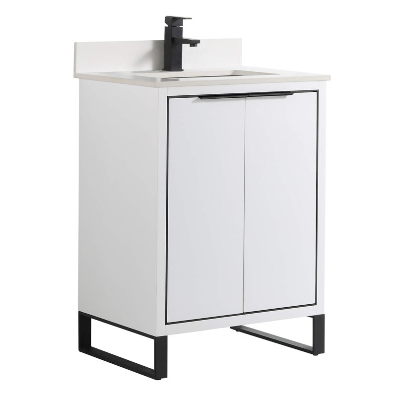 Geryl Free Standing Single Bathroom Vanity with Stone Top, Satin Brass, Navy Blue, 30"W