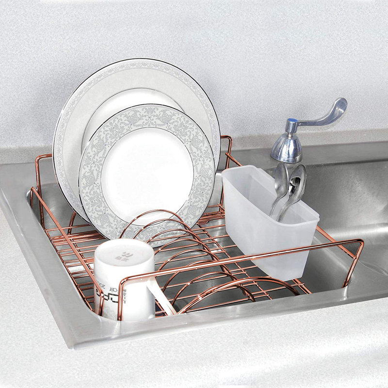Rose Gold Expandable Metal Dish Drainer with Utensil Cup