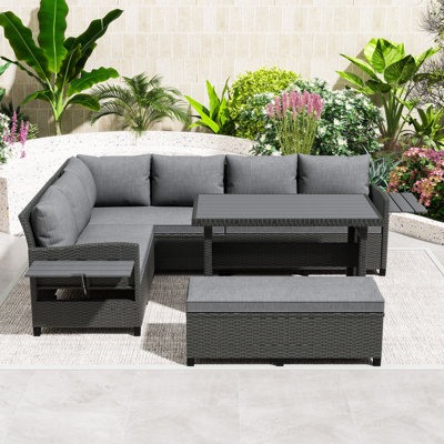 5Pcs Outdoor Patio Rattan Sofa Set with L-Shaped Sectional Sofa, Dining Table, Bench and Washable Cushions