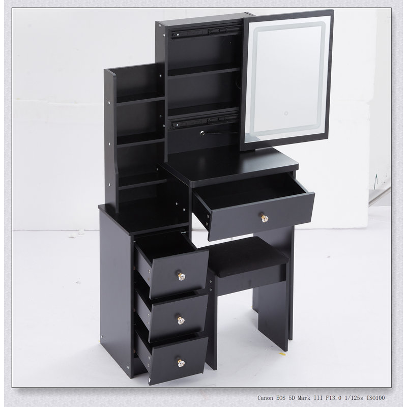 Ensemble de coiffeuse compacte avec miroir à DEL, rangement coulissant et tabouret rembourré pour les petits espaces