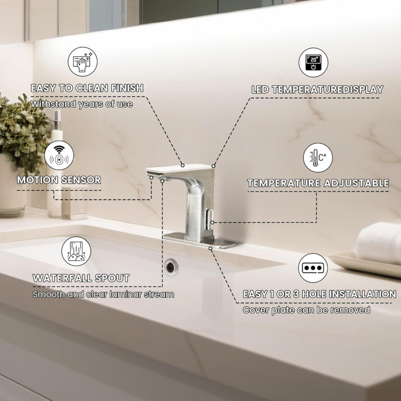 Touchless Bathroom Sink Faucet, Motion Sensor & Touch Control Vanity Faucet with LED Temperature Display, 1 or 3-Hole Installation