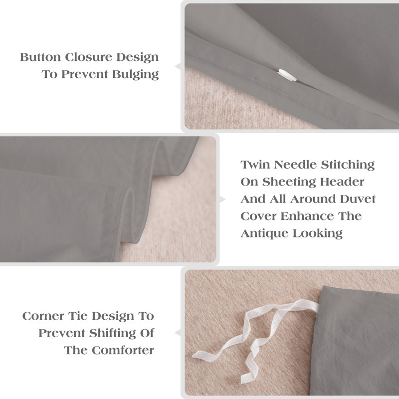 100% Cotton Duvet Cover, King Duvet Cover + 2 King Pillowcases, Gray