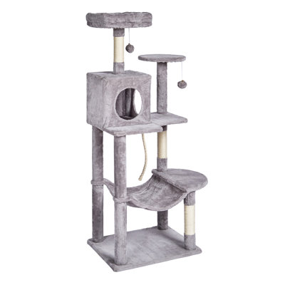 Arbre à chat 56,2 po à plusieurs niveaux avec condo, poteaux à griffer en sisal et hamac - Tour de chat gris clair pour chats d'intérieur