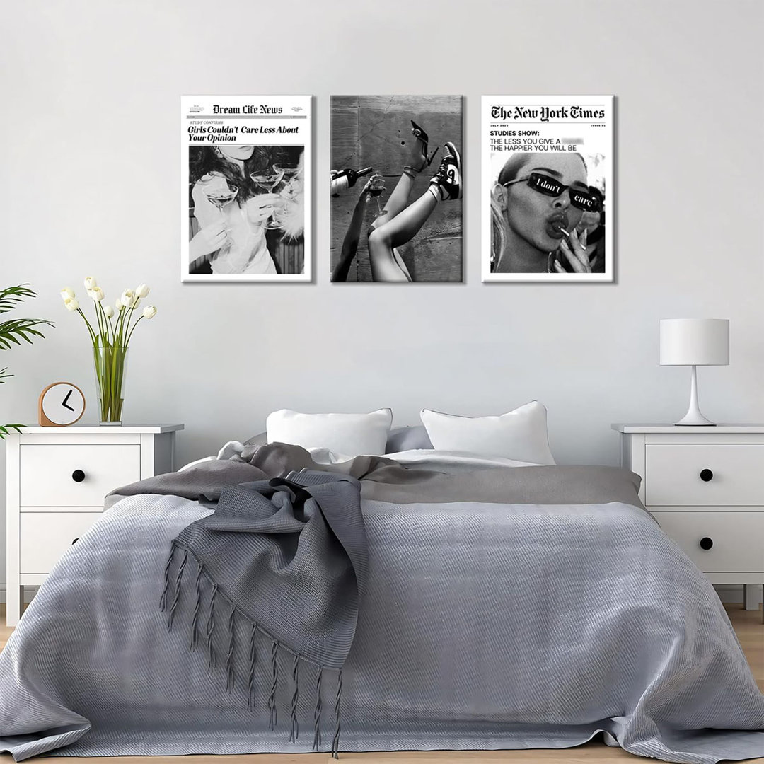 Trendy The New York Times Wall Art 12X16in Framed, Black And White Elegant Urban Feminist Canvas Posters, Retro Trendy Cocktail Girly Posters Bar Cart
