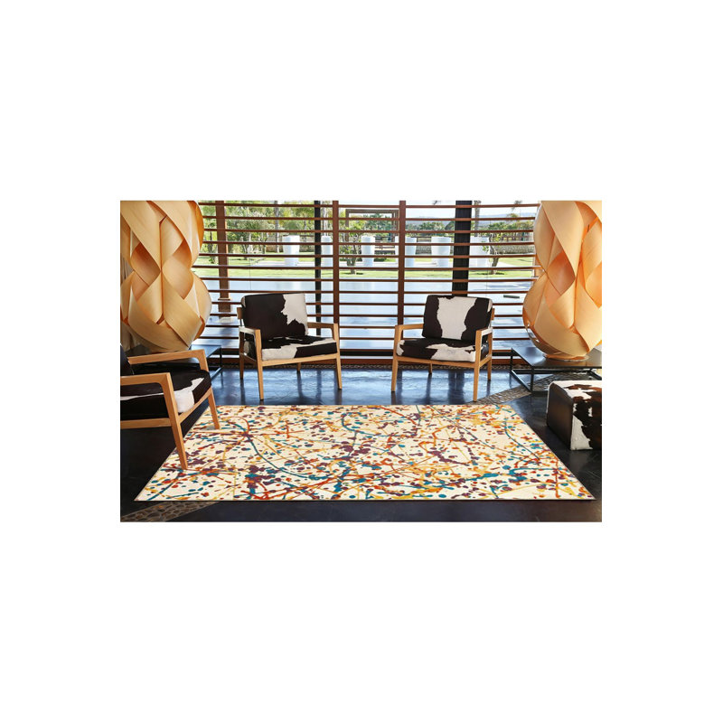 Tapis multicolore à motif tissé moderne lavable à la machine, Carré 4 pi 11 po