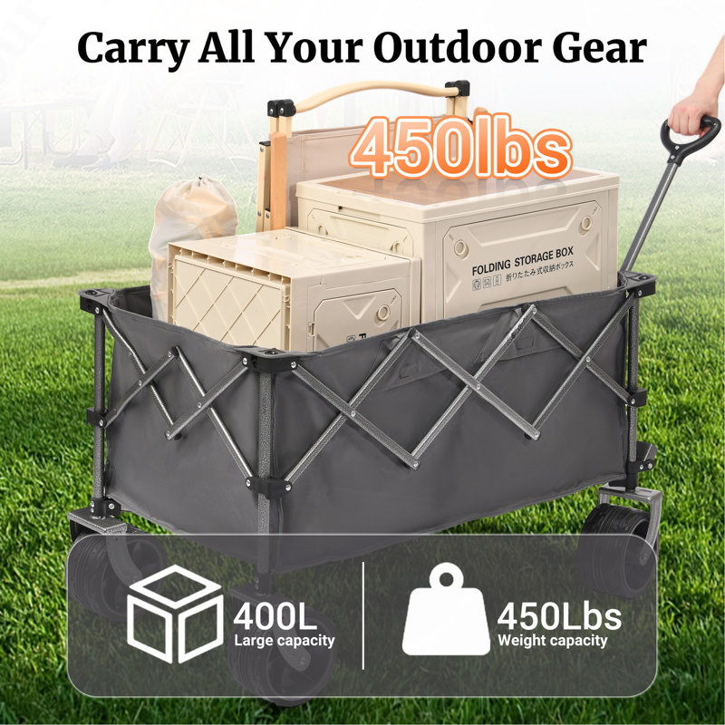 Chariot pliable grande capacité de 400 L avec grandes roues tout-terrain, chariot utilitaire pliable robuste de 204 kg (450 lb) pour le camping et la plage